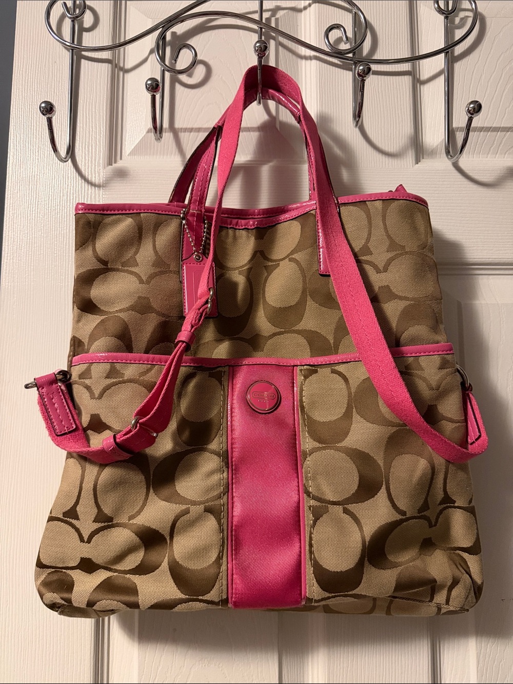 Coach Brown Signature Canvas Tote with Pink Trim